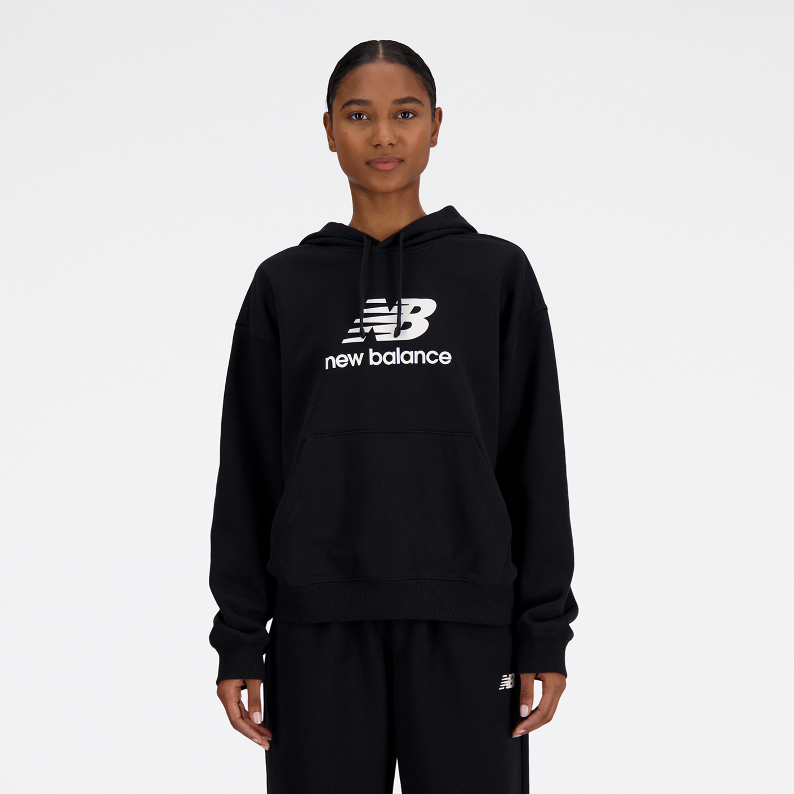 New Balance W Sport Essentials French Terry Stacked Logo Hoodie Oversized Fit Damen, black, Grösse: XL