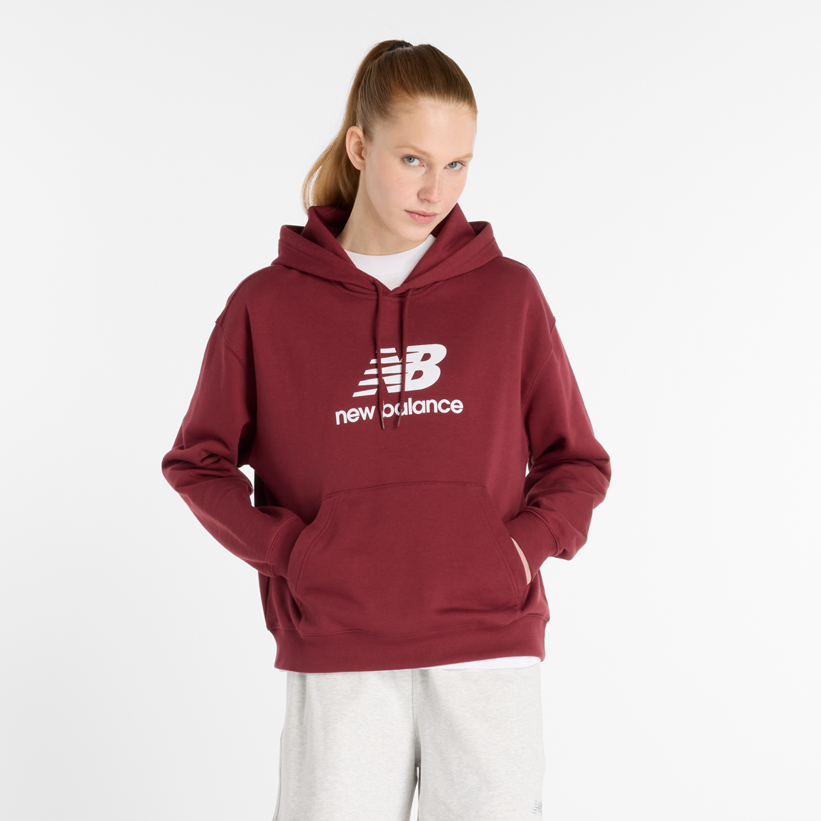 New Balance W Sport Essentials French Terry Stacked Logo Hoodie Oversized Fit Damen, rot, Grösse: L