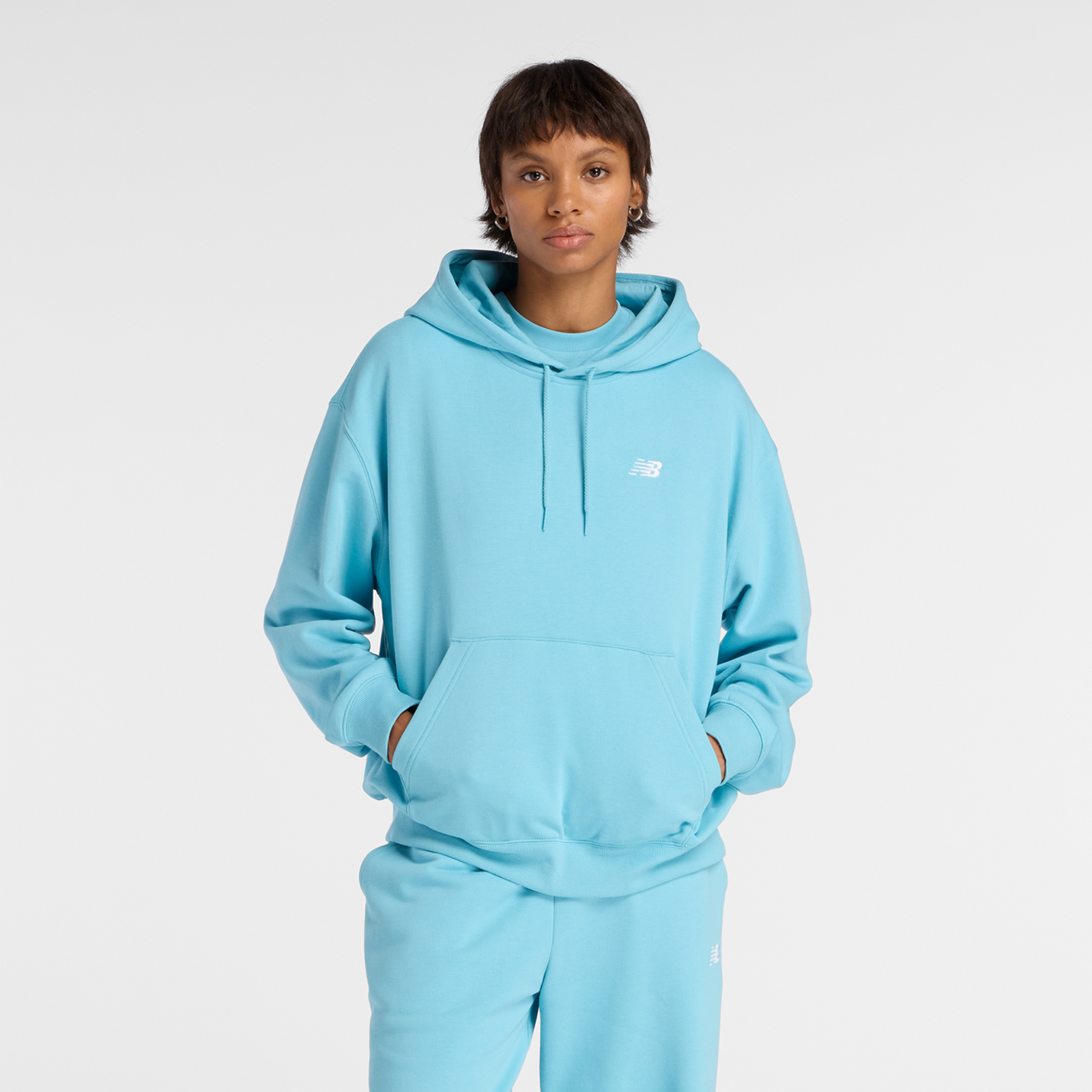 New Balance W Sport Essentials French Terry Small Logo Hoodie Oversized Fit Damen, taffy blue, Grösse: XL