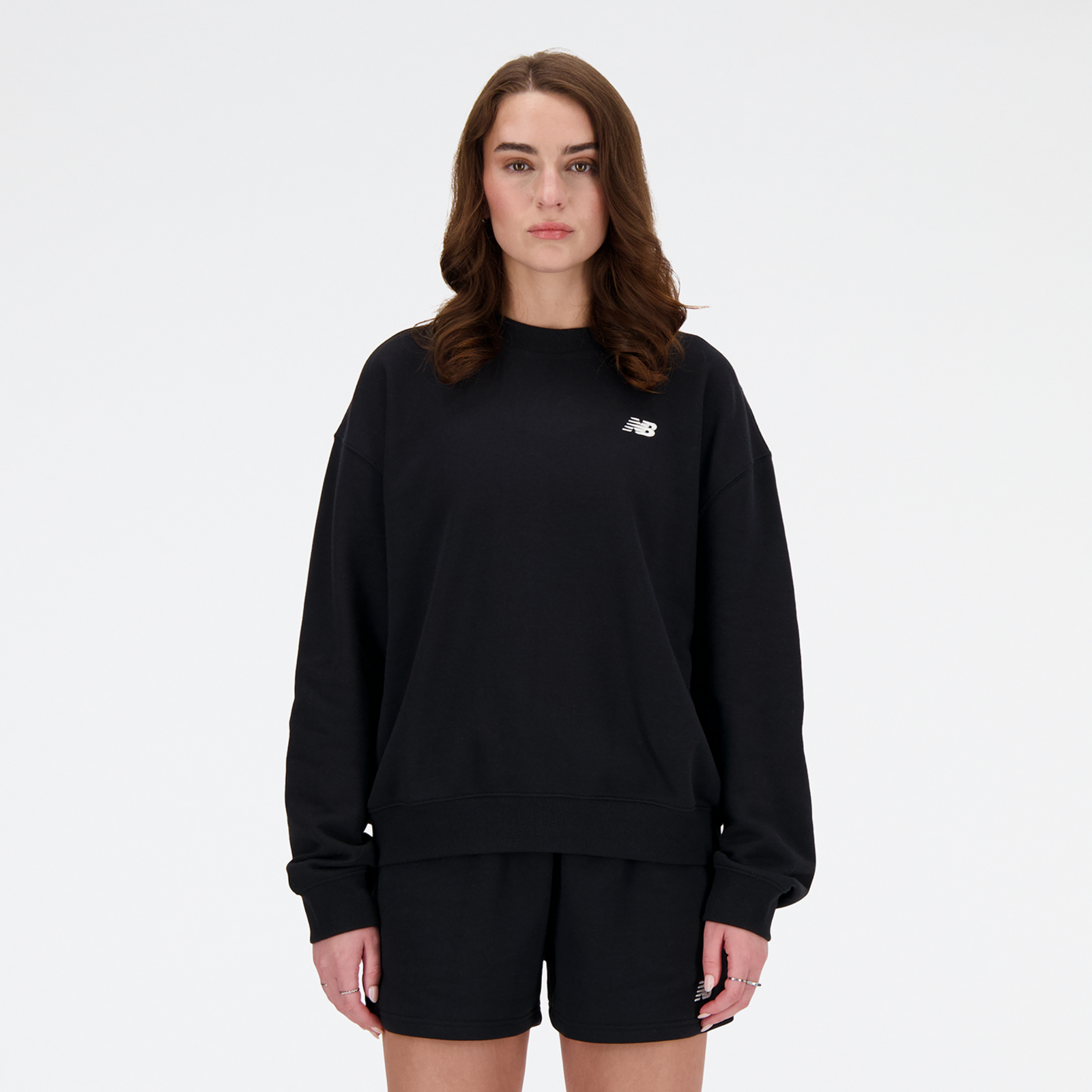 New Balance W Sport Essentials French Terry Small Logo Crew Oversized Fit Damen, black, Grösse: XL